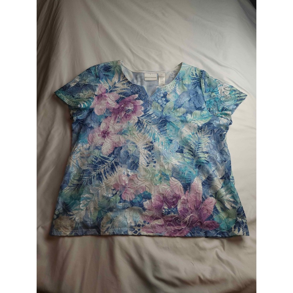 Alfred Dunner Floral Lace Rhinestone Top Blue Purple Short Sleeve Womens Large
